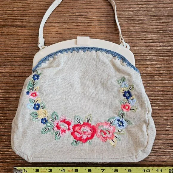 Cath Kidston Floral Embroidered Linen Handbag Purse - Picture 7 of 11